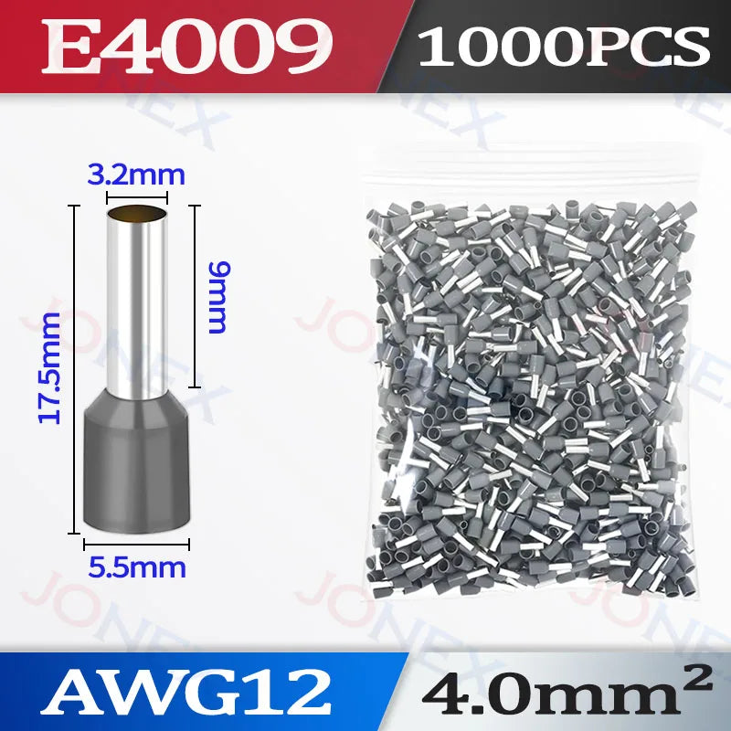 A package of AWG12 insulated tubular crimp terminals with a 4.0mm square cross-section.