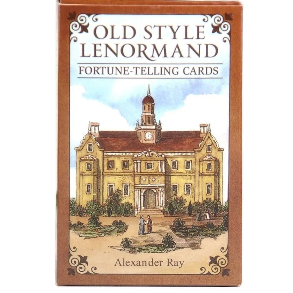 A box of Old Style Lenormand fortune-telling cards featuring an illustration of a classical building.