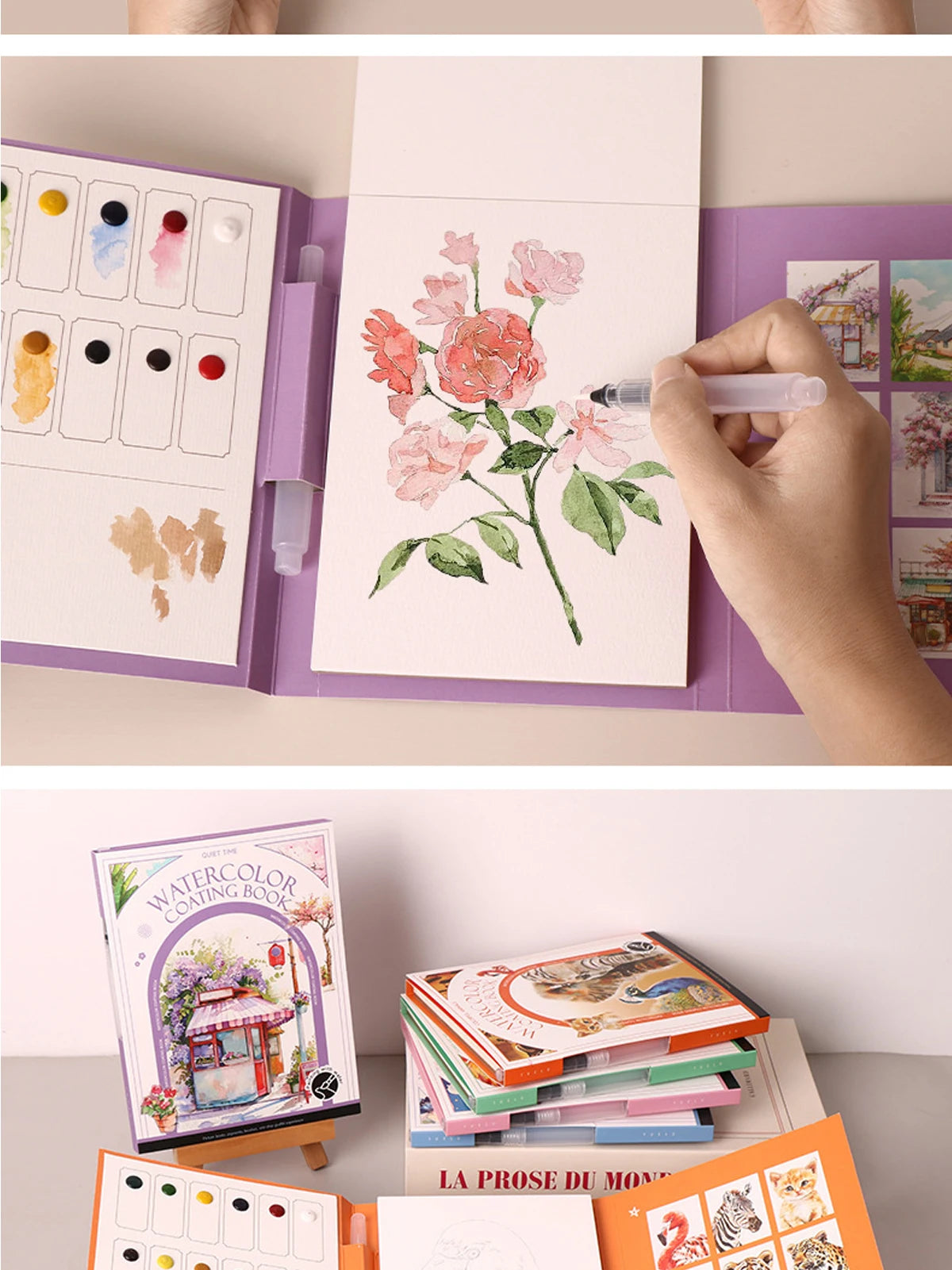 A hand is painting a floral watercolor illustration in an open coloring book, next to other art supplies.