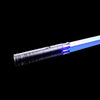 A close-up view of an RGB metal lightsaber with a glowing blue blade against a black background.