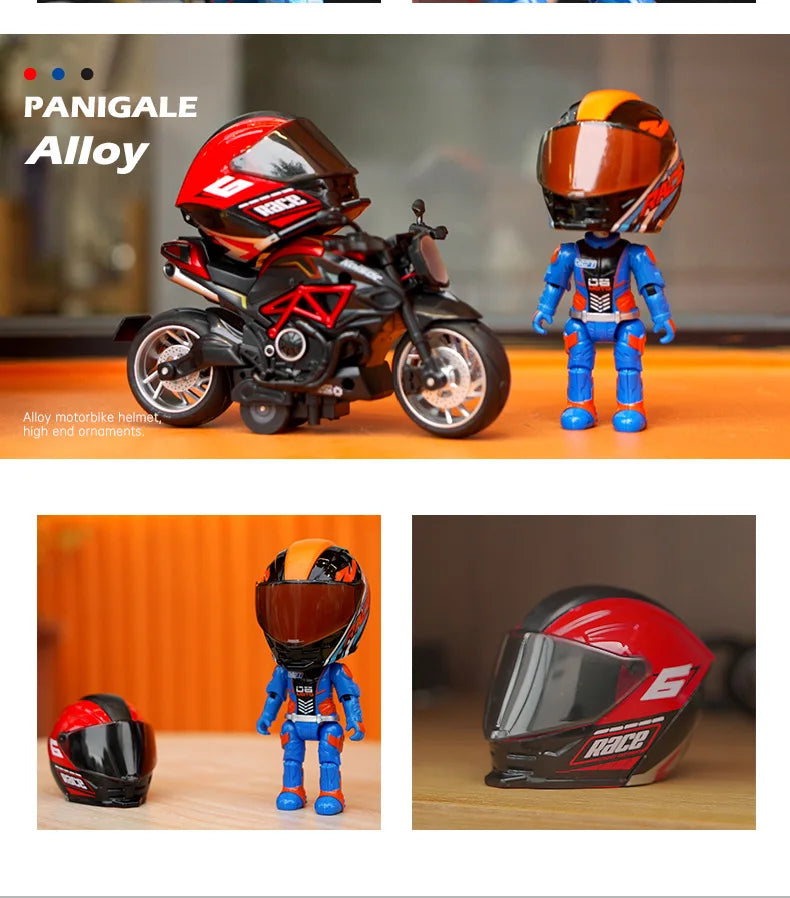 A miniature collectible of an Alloy motorcycle helmet and rider figure.