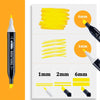 A set of yellow alcohol art markers with various tips and color intensity demonstrations.
