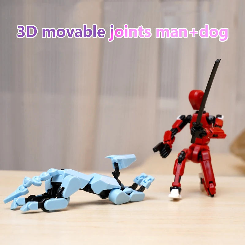 A red and blue 3D movable joints man and dog puppet toy set on a wooden surface.