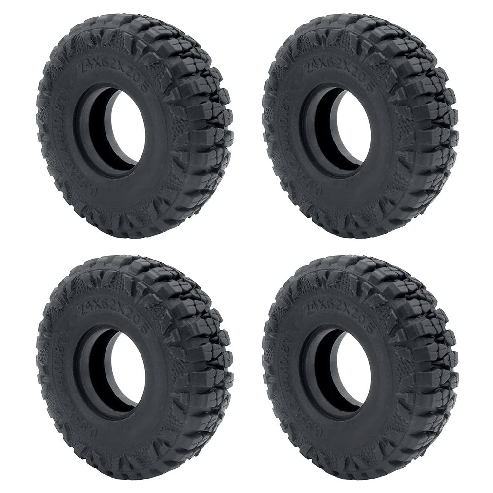 Quatre vues de pneus en caoutchouc souple utilisés pour voitures de crawler RC