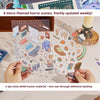 A hand is placing small, colorful 3D scene stickers onto a sheet of paper.