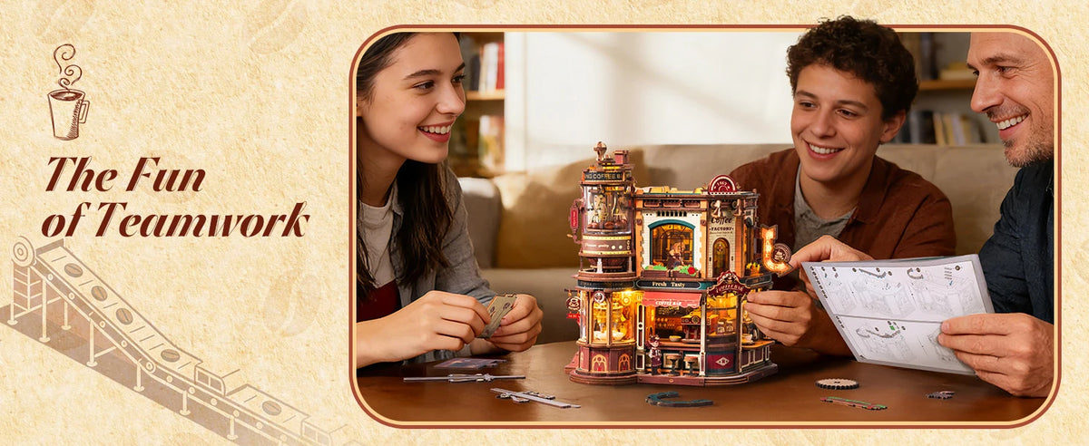 Three people interact with a wooden 3D puzzle music box model kit on a table.