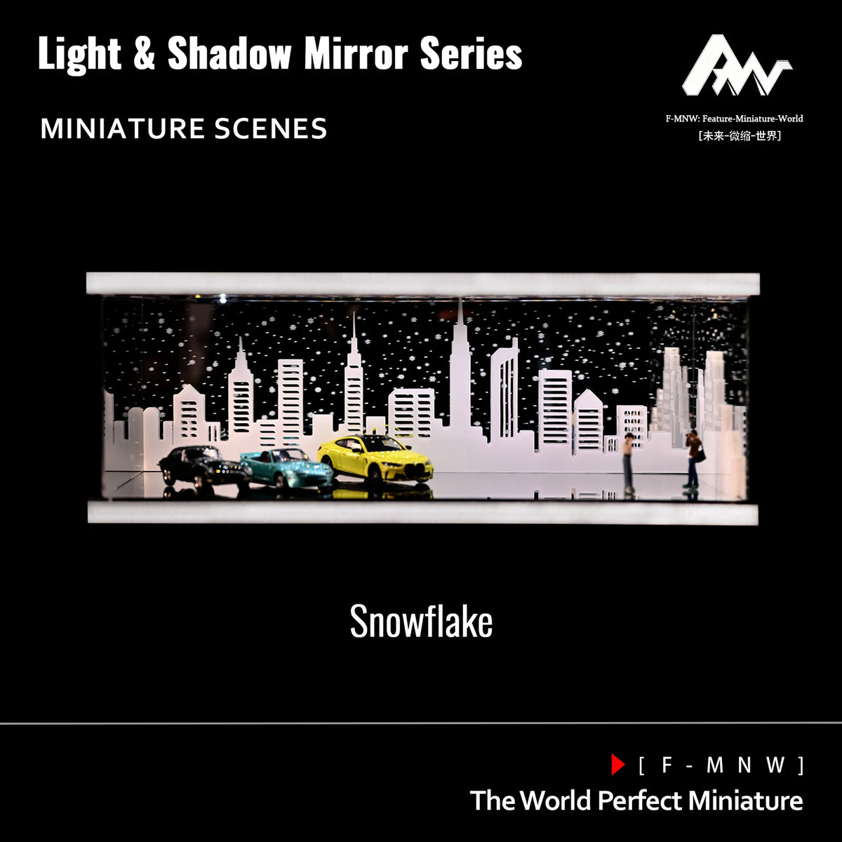 A miniature scene titled Snowflake featuring a city skyline display in a light and shadow mirror series.
