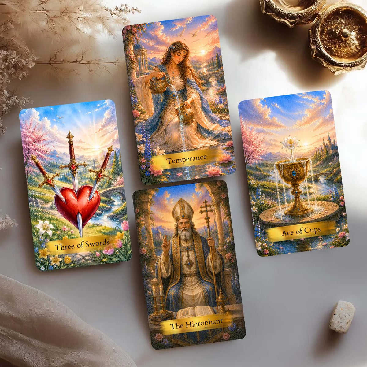 A collection of tarot cards featuring imagery like the Three of Swords, Temperance, and The Hierophant set against a dark, my