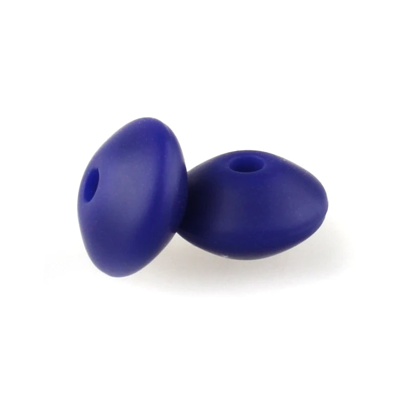 Two smooth, dark blue silicone lentil beads shaped like an abacus for jewelry making