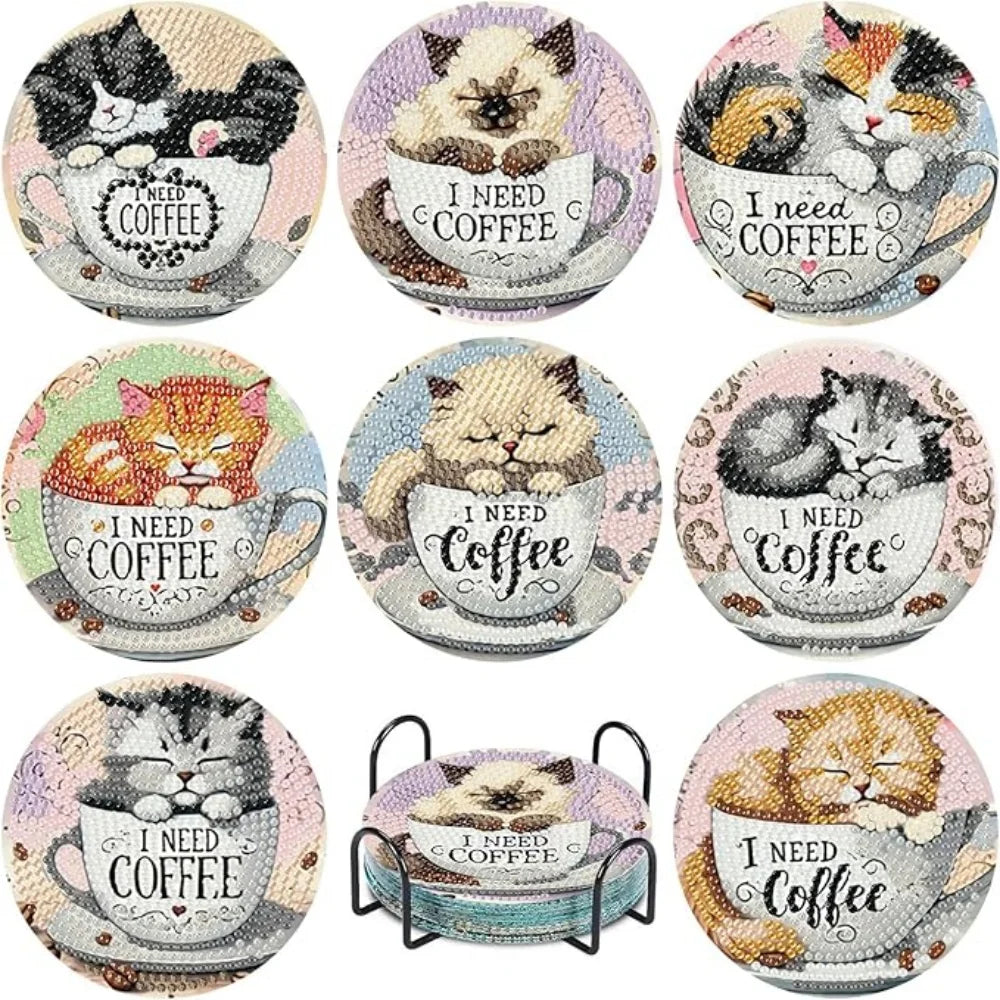 A set of DIY diamond art coasters featuring cute dog designs in various colors and styles.