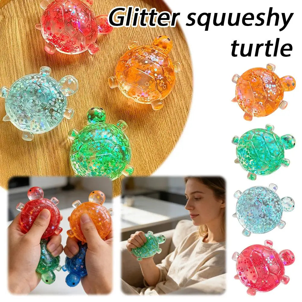 A collection of glitter squishy turtle toys in various colors including pink, orange, and green.
