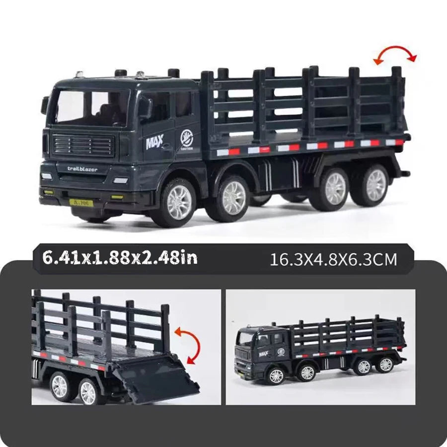 A black pull-back container truck toy for kids with a wooden crate and cargo area.