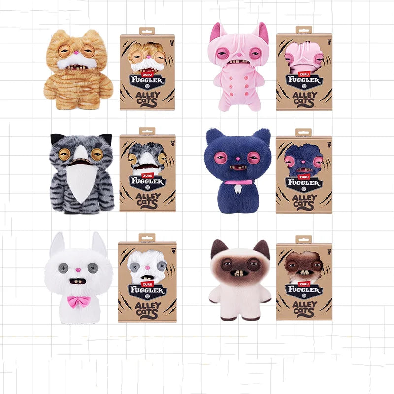 A collection of nine Fuggler Alley Cat Wrinkle McStinkles plush toys featuring various cat breeds and expressions.