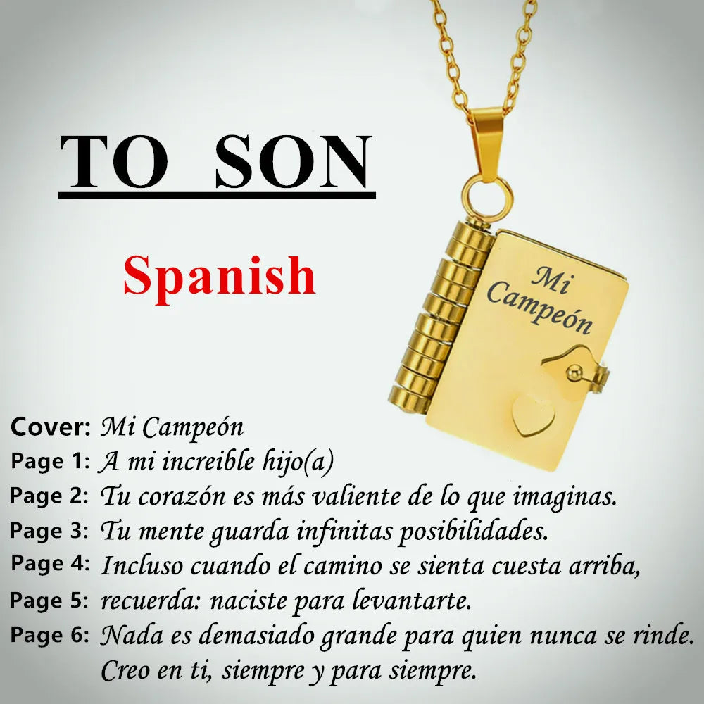 Gold engraved pendant necklace with 'To Son Spanish' text and a book cover listing inspirational messages.