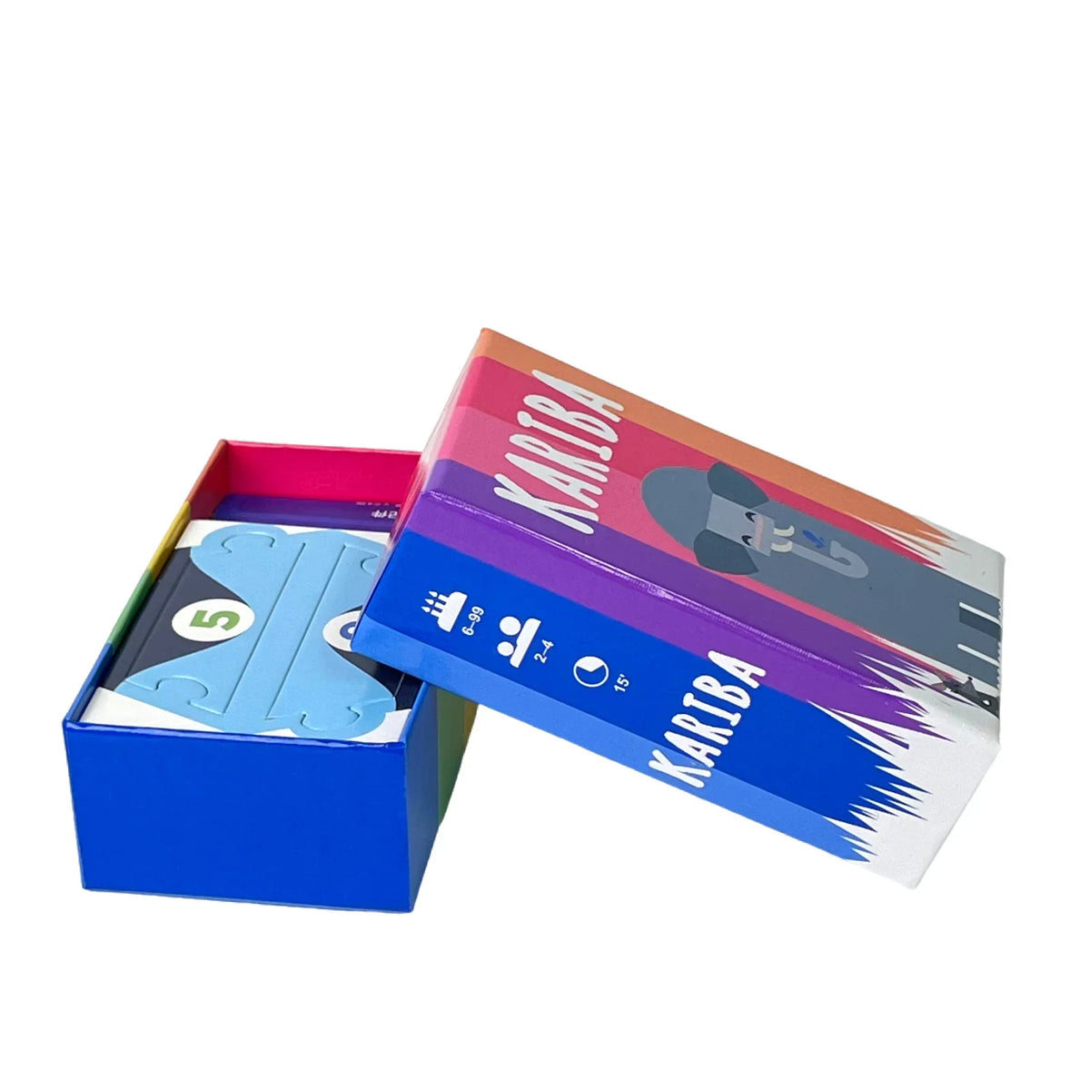 A box of the Kariba card game featuring blue and purple cards and a colorful design.