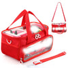 A red Toniebox travel case with an adjustable strap and built-in light is shown with an attached carrying strap.