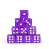 A stack of purple transparent dice, showing various dots and colors.