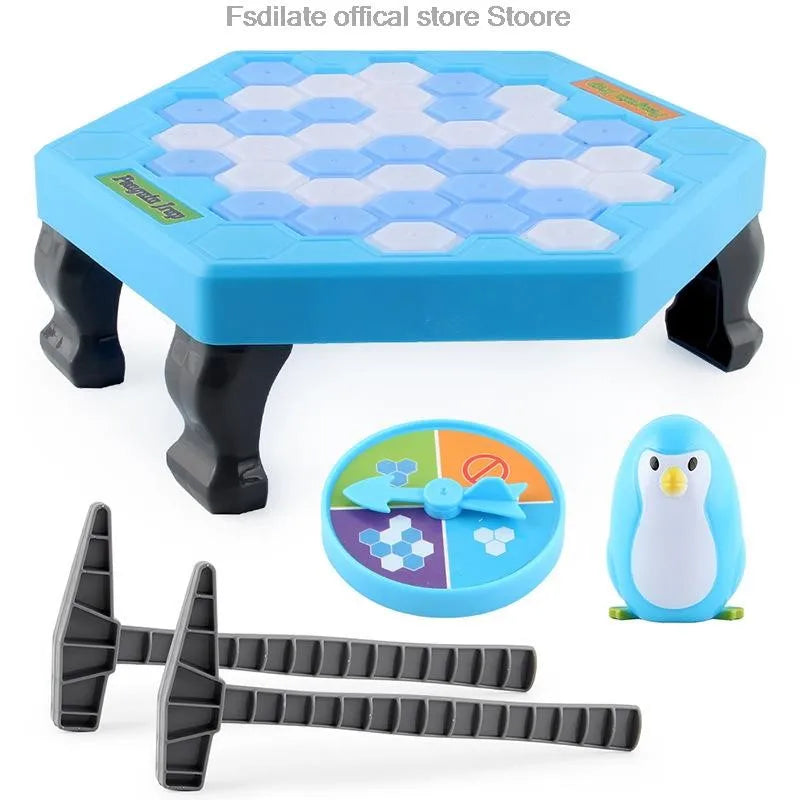 A blue penguin breaking ice table game with a hexagonal grid and a black penguin figure.