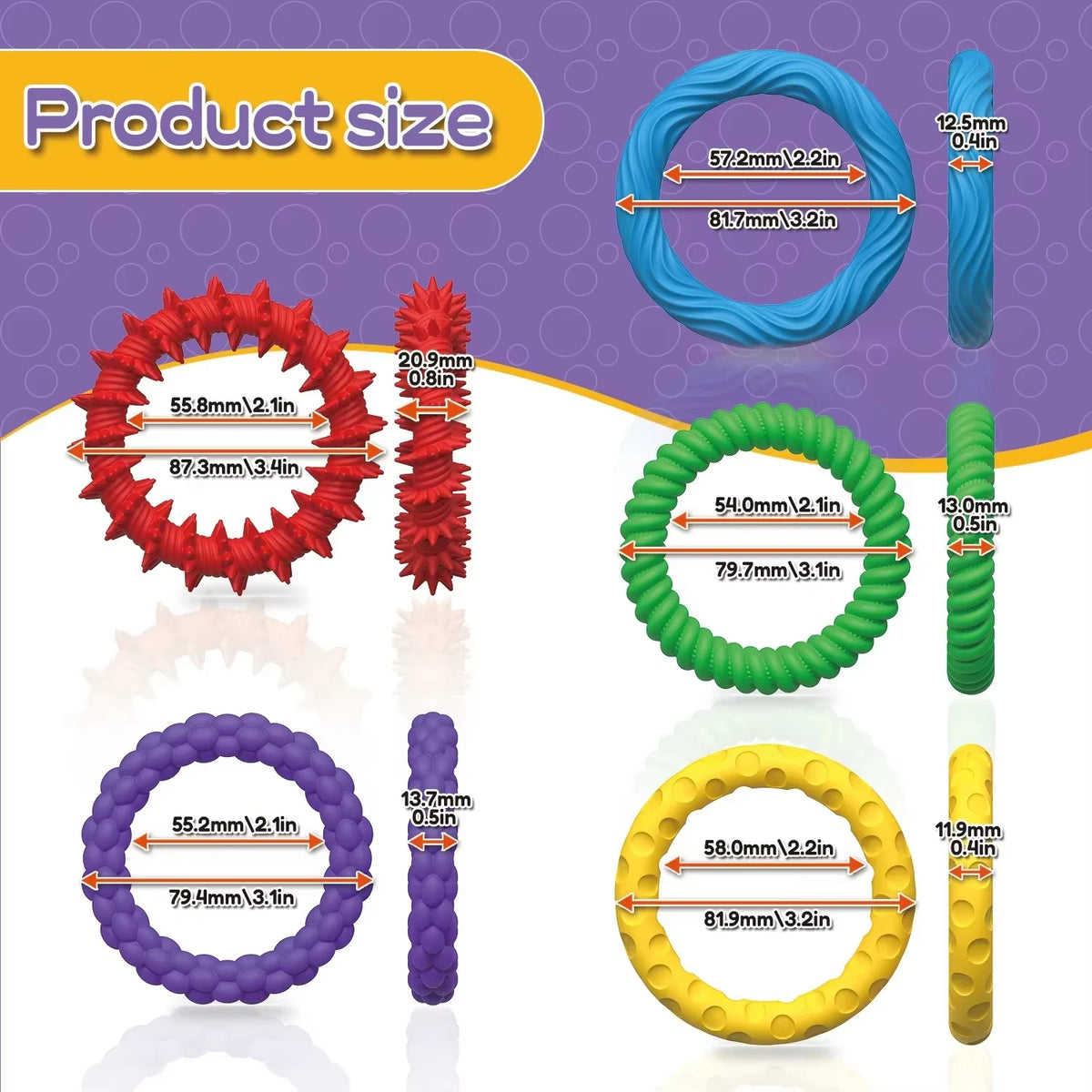 A set of colorful sensory fidget bracelets showing various sizes and textures for stress relief.