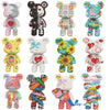 A collection of colorful brick art bear figures in various poses and colors.