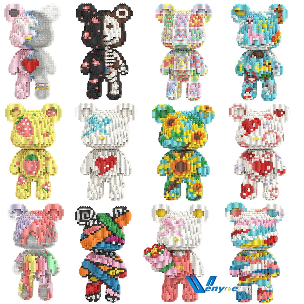 A collection of colorful brick art bear figures in various poses and colors.