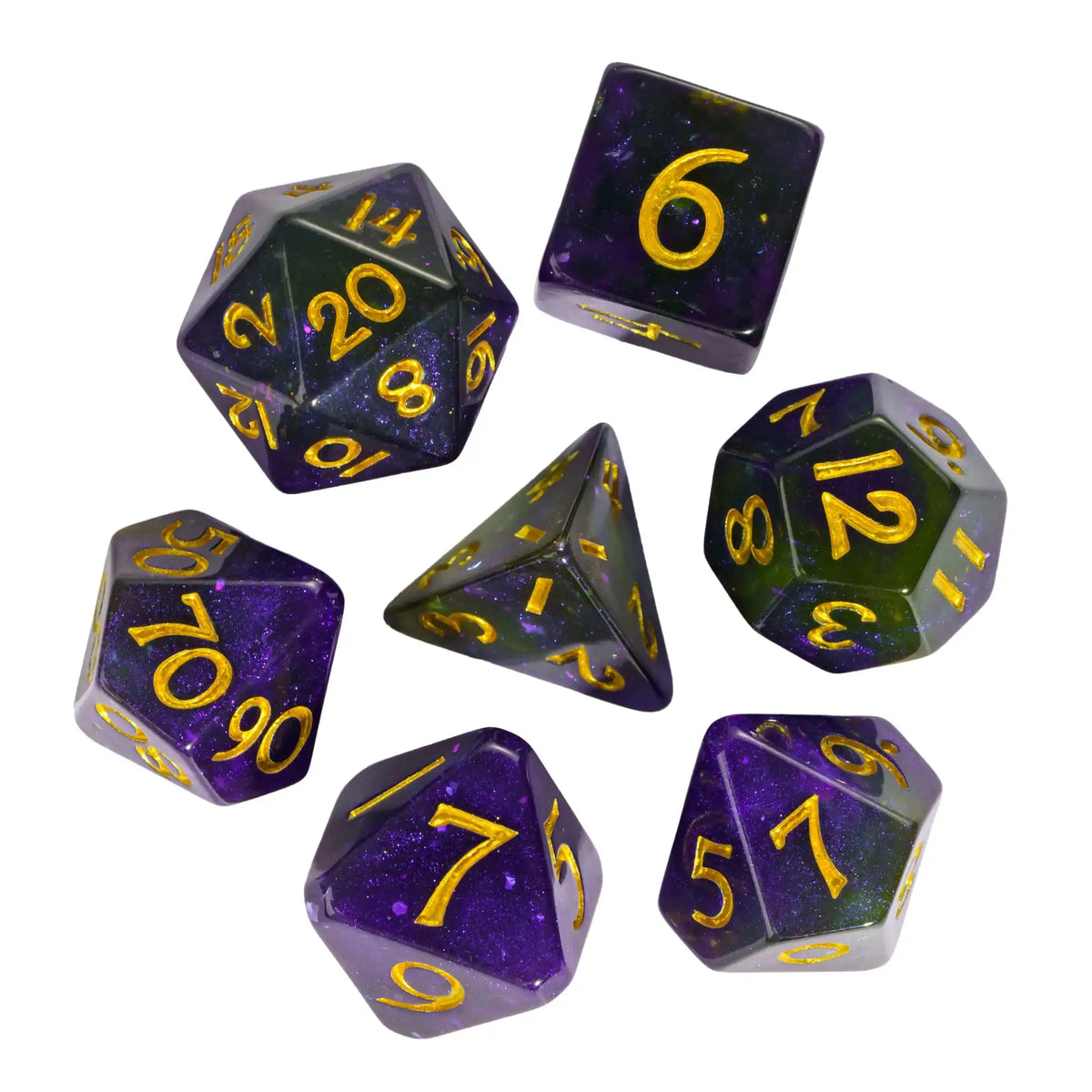 A set of premium glitter resin polyhedral dice including a d6, d8, d10, d12, and d20 in various colors.