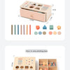 Wooden Montessori color and shape sorting boxes showing various wooden blocks and shapes in different colors