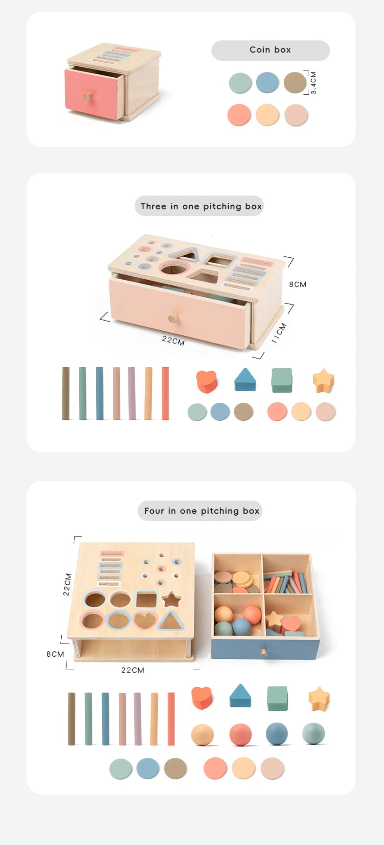 Wooden Montessori color and shape sorting boxes showing various wooden blocks and shapes in different colors