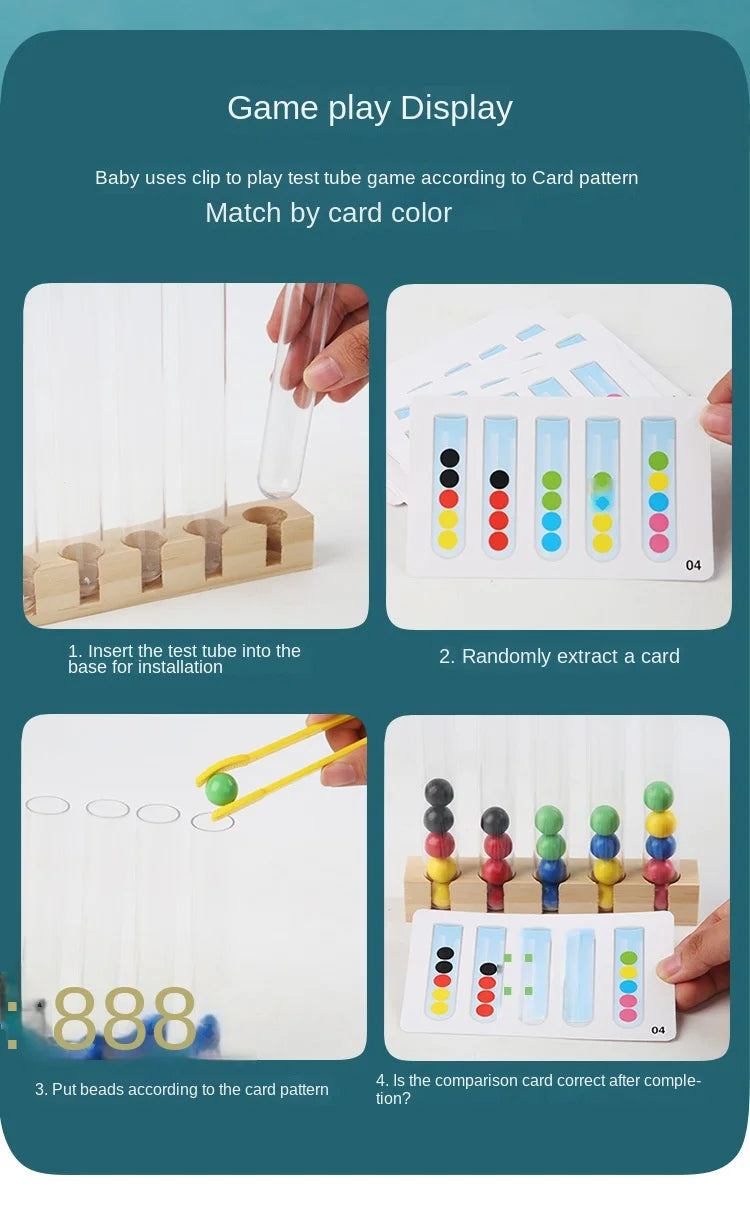 A set of wooden clip beads and test tubes used for a match by card game to develop fine motor skills.