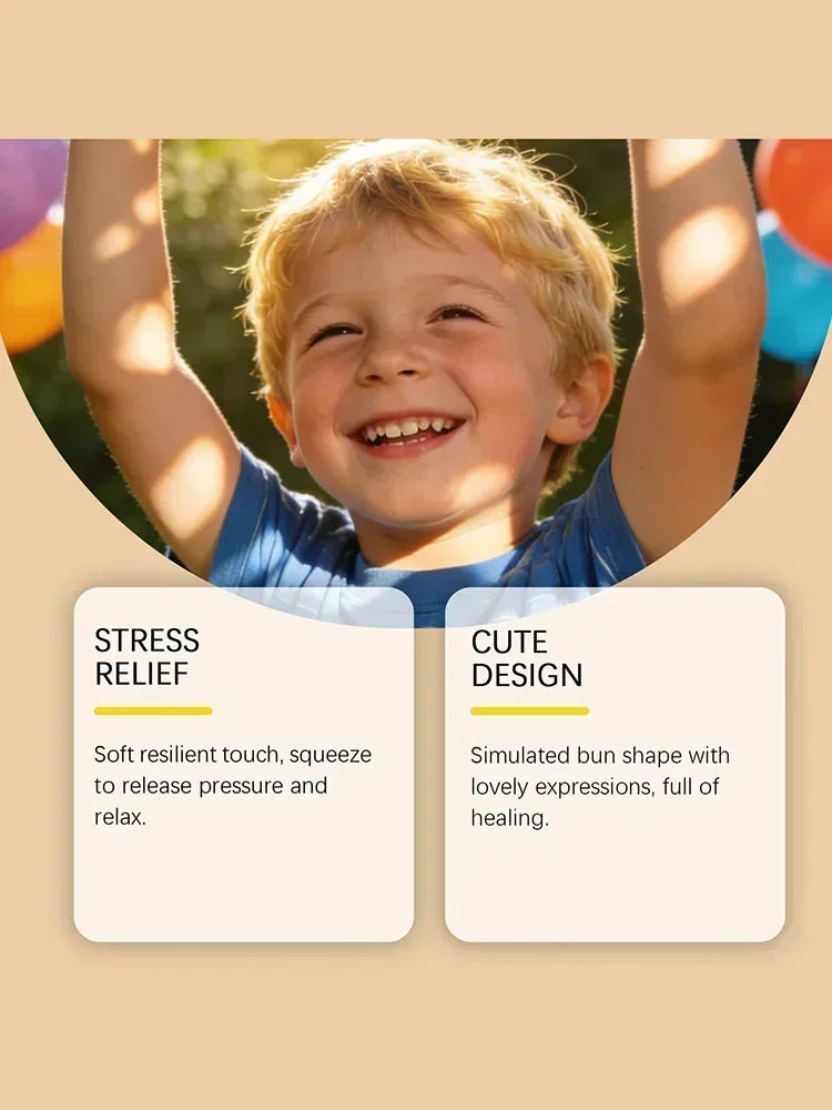 A smiling young boy holds up his arms, showing a cute dumpling squishy stress relief toy.