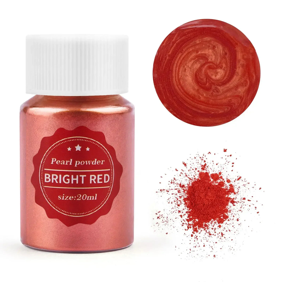 A glass jar of bright red pearl powder next to a swirling red pigment and scattered red powder.