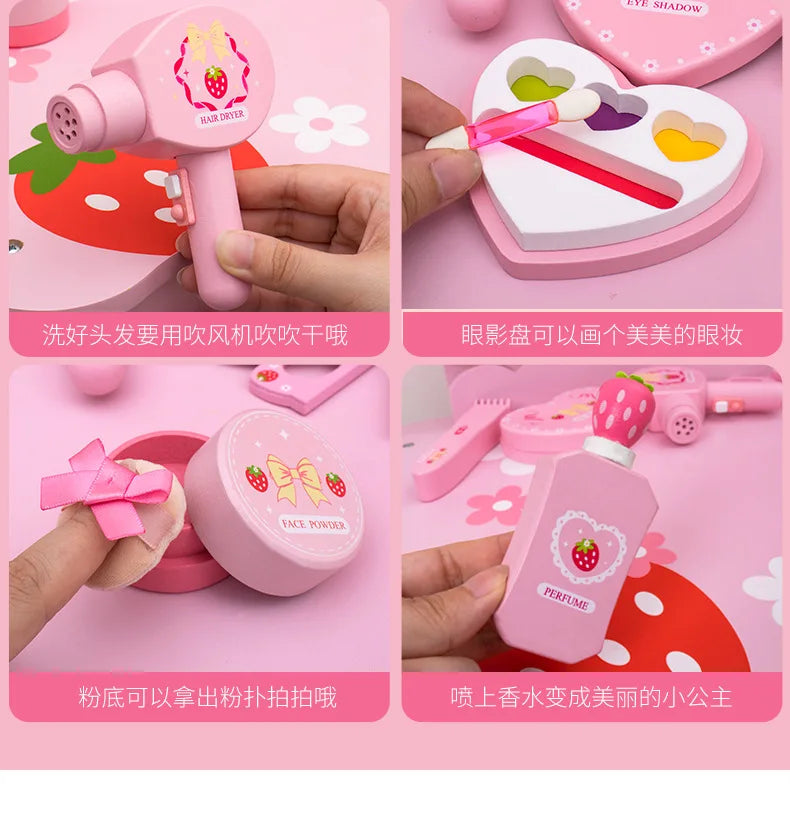 Wooden Pretend Play Makeup Set with Dressing Table & Makeup Bag