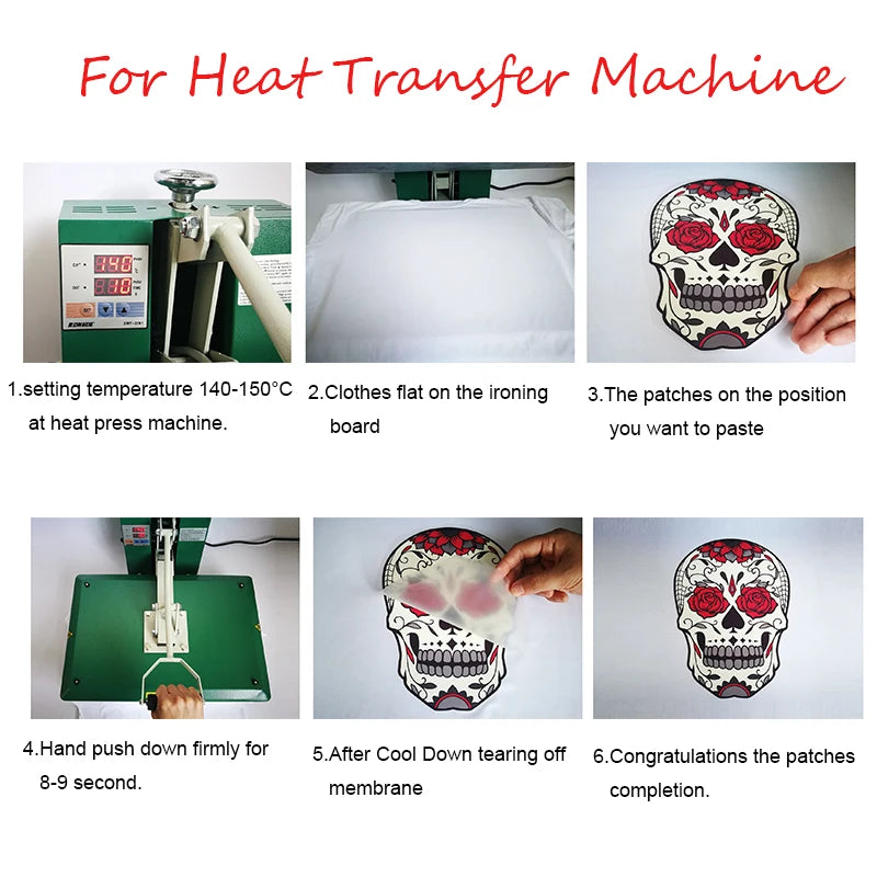 Instructions showing how to use a heat transfer machine to apply iron-on patches onto clothing.