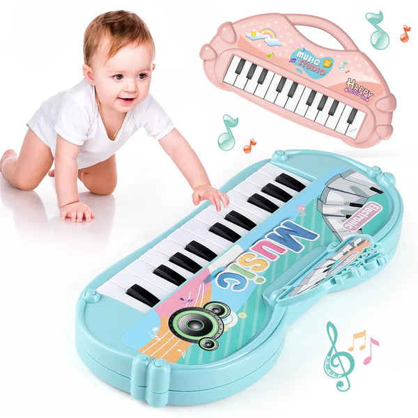 A child is playing a light blue electronic piano toy keyboard, with another version of the keyboard shown above it.