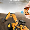 A yellow construction vehicle set including an excavator, bulldozer, and dump truck is shown with a remote control device.