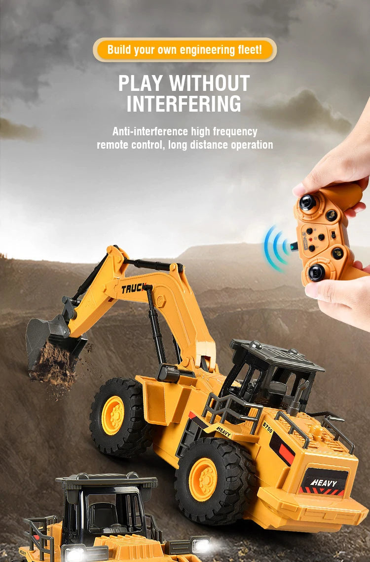 A yellow construction vehicle set including an excavator, bulldozer, and dump truck is shown with a remote control device.
