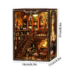 A wooden book nook kit featuring shelves, stairs, and decorative elements with built-in LED lighting.