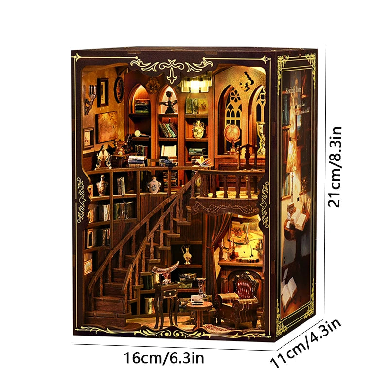 A wooden book nook kit featuring shelves, stairs, and decorative elements with built-in LED lighting.