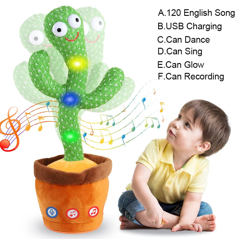 A green cactus toy with musical notes and glowing lights, designed for singing, dancing, and recording.