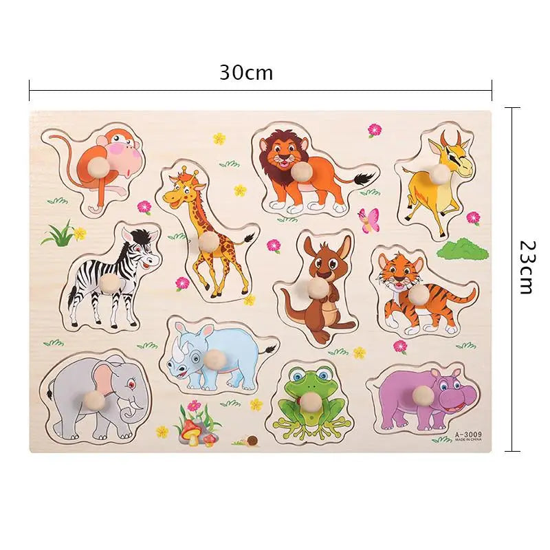 A wooden puzzle featuring various animal shapes and colors for toddlers to sort.