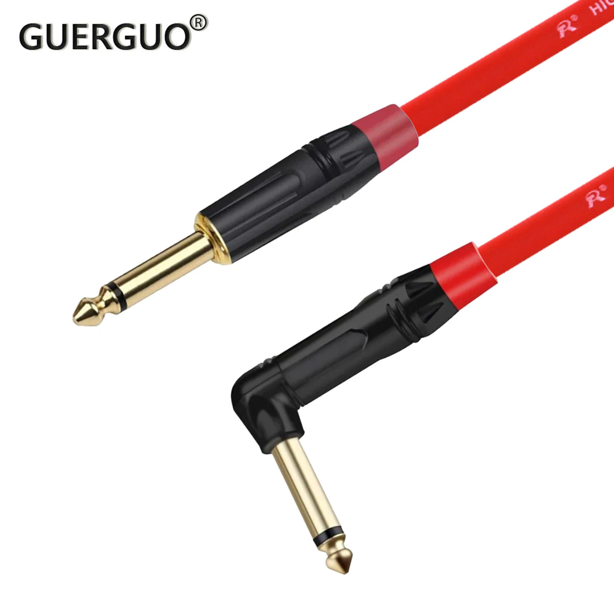A red and black instrument guitar cable with a right-angle connector tip.
