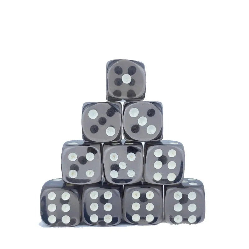 A stack of ten black and white dice.