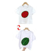 White t-shirt featuring a red watermelon print and a green watermelon print.