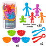 A set of colorful sorting toys including a jar of colored objects and various plastic bowls and shapes for children's learnin