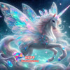 A majestic white unicorn with iridescent wings and a rainbow horn in a fantasy painting style.