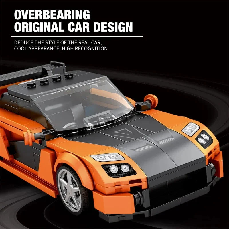 A black and orange building block model of a sports car, showcasing an original design.