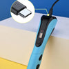 A blue 3D printing pen with a Type C charging cable is shown on a yellow surface.