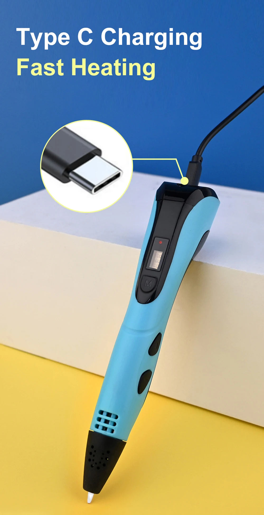 A blue 3D printing pen with a Type C charging cable is shown on a yellow surface.
