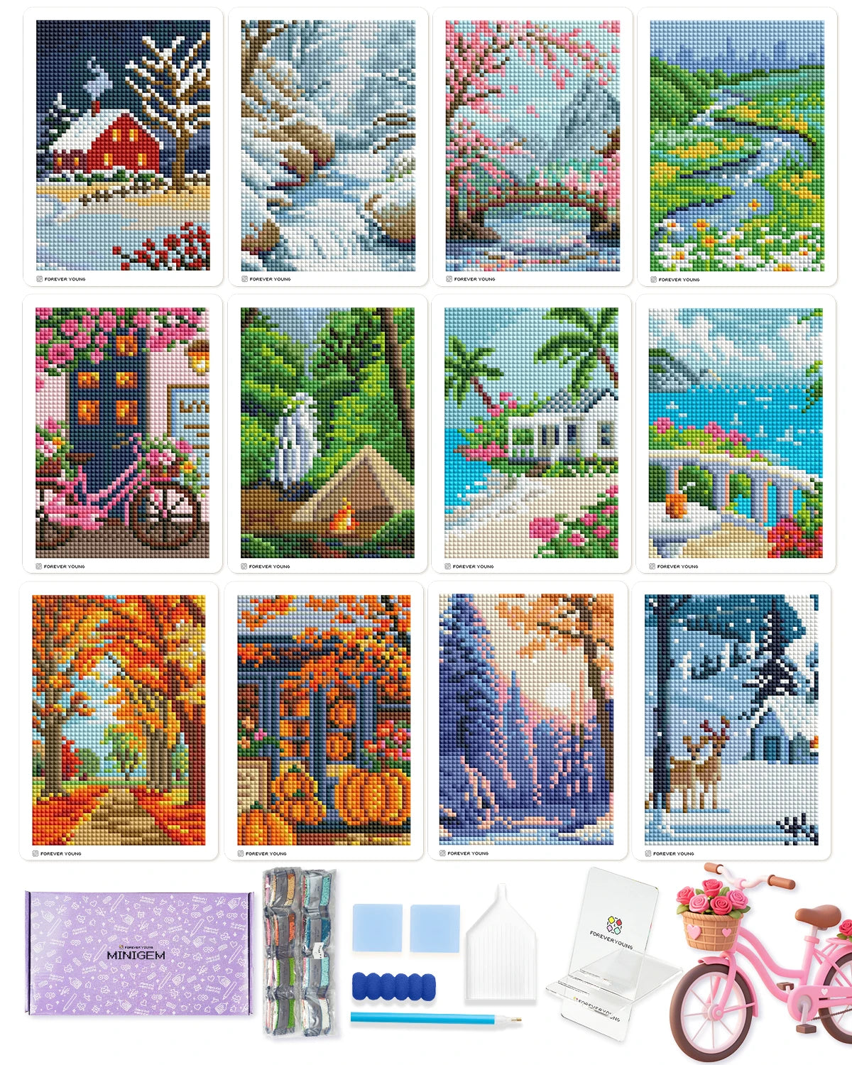 Beginner Diamond Art Kit with 12 Postcard-Style Scenic Designs