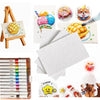 A bubble painting kit showing foam art paper, markers, and a wooden easel with painted subjects.
